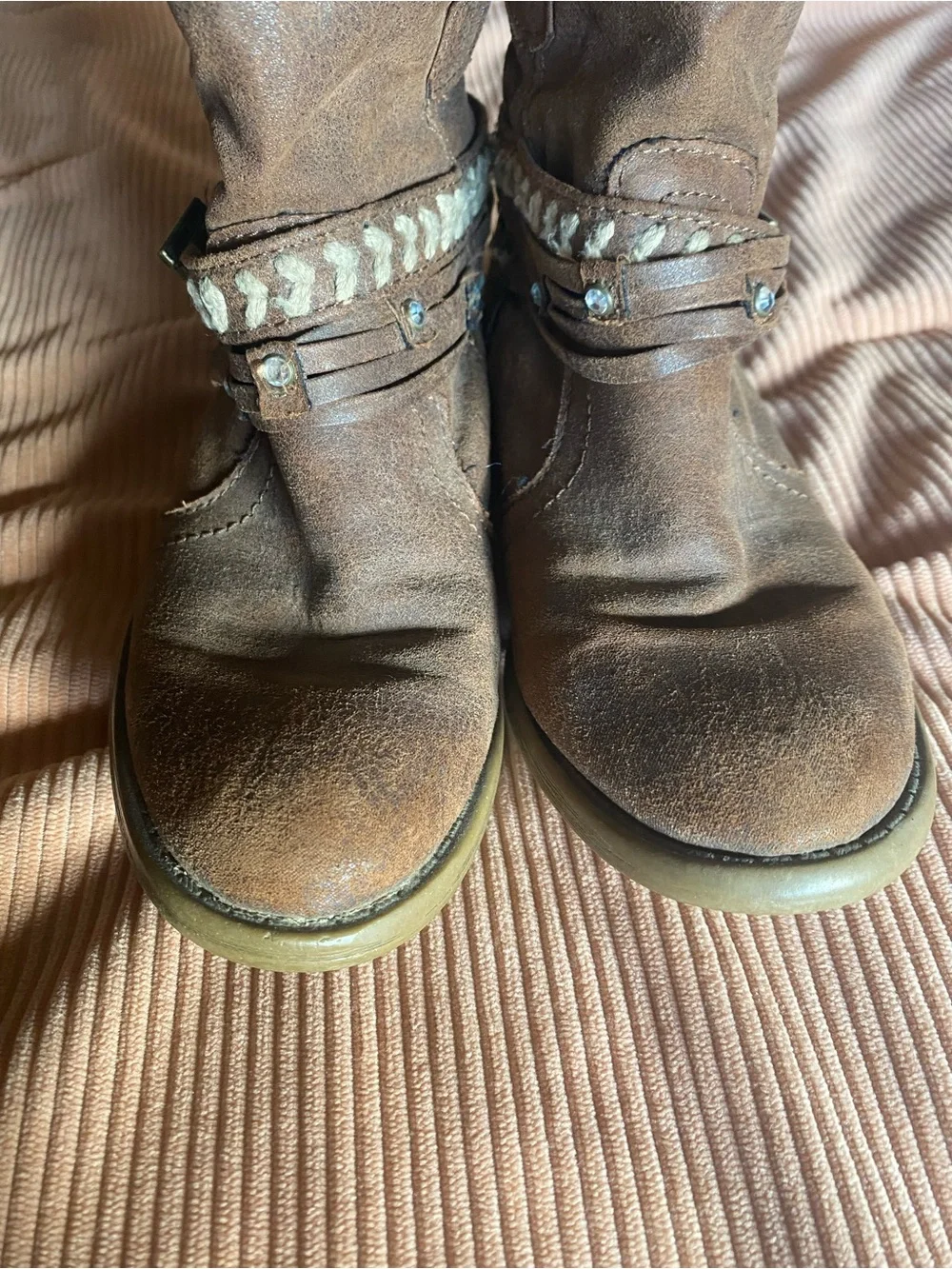 Justice Girls Brown Western Boho Slouchy Booties, Studded Straps Size 13